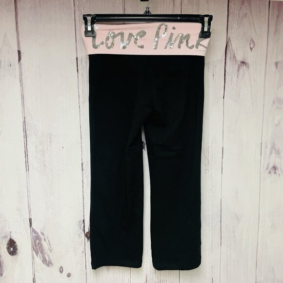 Victorias Secret Love PINK Leggings Womens S Yoga Capri Fold Over Waist Spellout - Picture 1 of 4